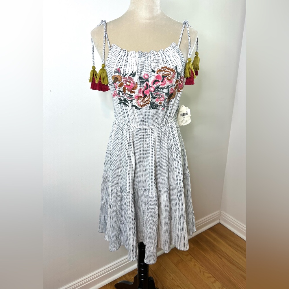 Altar'd State Boho Mini Dress White Embroidered  Tassels SZ M NWT